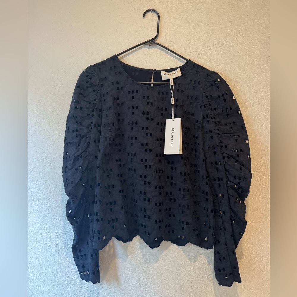 Munthe Navy Eyelet Puff-Sleeve Blouse